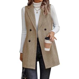 imageIDEALSANXUN Long Vest for Women Sleeveless Tweed Blazer Fall Jackets Cardigan OuterwearLight Brown