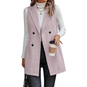 imageIDEALSANXUN Long Vest for Women Sleeveless Tweed Blazer Fall Jackets Cardigan OuterwearPink