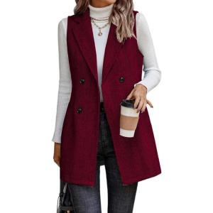imageIDEALSANXUN Long Vest for Women Sleeveless Tweed Blazer Fall Jackets Cardigan OuterwearWine