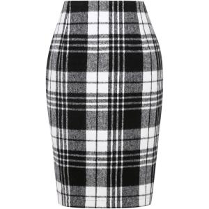imageIDEALSANXUN Midi Plaid Skirts for Women Fall Winter Knee Length Pencil Wool Skirt with SlitBlack