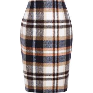 imageIDEALSANXUN Midi Plaid Skirts for Women Fall Winter Knee Length Pencil Wool Skirt with SlitBrown