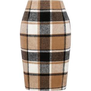 imageIDEALSANXUN Midi Plaid Skirts for Women Fall Winter Knee Length Pencil Wool Skirt with SlitBrown New