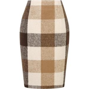 imageIDEALSANXUN Midi Plaid Skirts for Women Fall Winter Knee Length Pencil Wool Skirt with SlitCamel