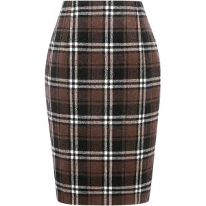 imageIDEALSANXUN Midi Plaid Skirts for Women Fall Winter Knee Length Pencil Wool Skirt with SlitCoffee