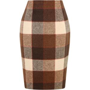 imageIDEALSANXUN Midi Plaid Skirts for Women Fall Winter Knee Length Pencil Wool Skirt with SlitDark Brown