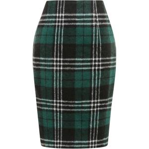 imageIDEALSANXUN Midi Plaid Skirts for Women Fall Winter Knee Length Pencil Wool Skirt with SlitGreen 1