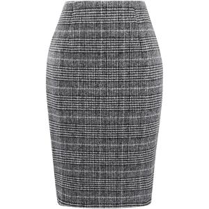 imageIDEALSANXUN Midi Plaid Skirts for Women Fall Winter Knee Length Pencil Wool Skirt with SlitGrid Black