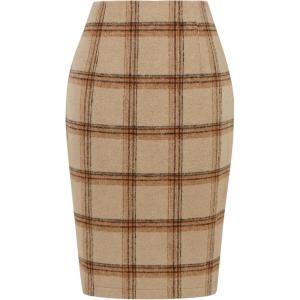 imageIDEALSANXUN Midi Plaid Skirts for Women Fall Winter Knee Length Pencil Wool Skirt with SlitKhaki