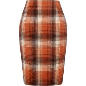 imageIDEALSANXUN Midi Plaid Skirts for Women Fall Winter Knee Length Pencil Wool Skirt with SlitOrange