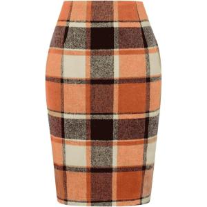 imageIDEALSANXUN Midi Plaid Skirts for Women Fall Winter Knee Length Pencil Wool Skirt with SlitOrange New