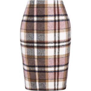 imageIDEALSANXUN Midi Plaid Skirts for Women Fall Winter Knee Length Pencil Wool Skirt with SlitPink
