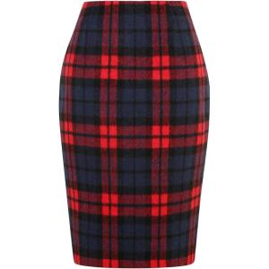 imageIDEALSANXUN Midi Plaid Skirts for Women Fall Winter Knee Length Pencil Wool Skirt with SlitRed