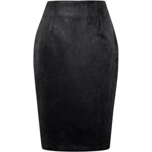 imageIDEALSANXUN Midi Plaid Skirts for Women Fall Winter Knee Length Pencil Wool Skirt with SlitSuede Black