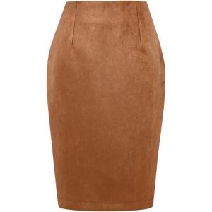 imageIDEALSANXUN Midi Plaid Skirts for Women Fall Winter Knee Length Pencil Wool Skirt with SlitSuede Brown