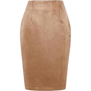 imageIDEALSANXUN Midi Plaid Skirts for Women Fall Winter Knee Length Pencil Wool Skirt with SlitSuede Khaki