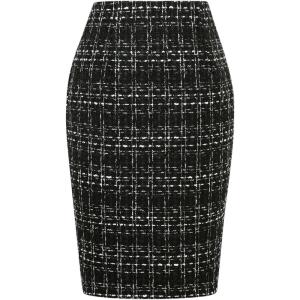 imageIDEALSANXUN Midi Plaid Skirts for Women Fall Winter Knee Length Pencil Wool Skirt with SlitTweed Black