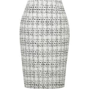 imageIDEALSANXUN Midi Plaid Skirts for Women Fall Winter Knee Length Pencil Wool Skirt with SlitTweed White