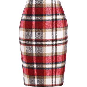 imageIDEALSANXUN Midi Plaid Skirts for Women Fall Winter Knee Length Pencil Wool Skirt with SlitWine
