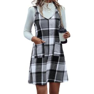 imageIDEALSANXUN Plaid Overall Dress for Women Fall Winter Sleeveless Plaid Dresses with PocketsGrey