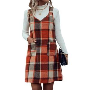 imageIDEALSANXUN Plaid Overall Dress for Women Fall Winter Sleeveless Plaid Dresses with PocketsOrange New