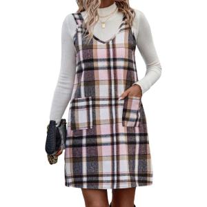 imageIDEALSANXUN Plaid Overall Dress for Women Fall Winter Sleeveless Plaid Dresses with PocketsPink