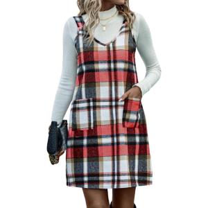 imageIDEALSANXUN Plaid Overall Dress for Women Fall Winter Sleeveless Plaid Dresses with PocketsWine