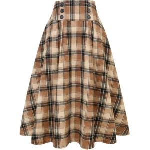 imageIDEALSANXUN Plaid Skirt for Womens High Waist Aline Pleated Midi SkirtsLight Brown
