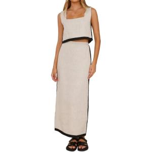 imageIDEALSANXUN Two Piece Sets for Women Summer Cropped Linen Tank Tops and Maxi Skirt Matching SetBeige