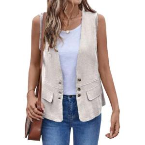 imageIDEALSANXUN Womens Cotton Linen Vest Casual Lightweight Button Down Sleeveless Jackets TopsBeige