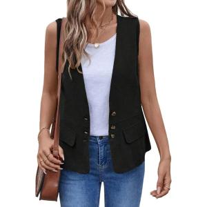 imageIDEALSANXUN Womens Cotton Linen Vest Casual Lightweight Button Down Sleeveless Jackets TopsBlack