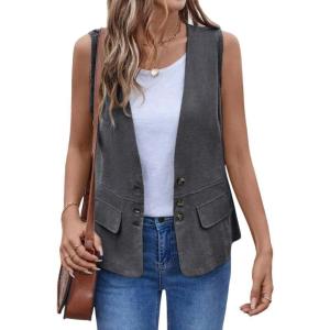 imageIDEALSANXUN Womens Cotton Linen Vest Casual Lightweight Button Down Sleeveless Jackets TopsDark Grey