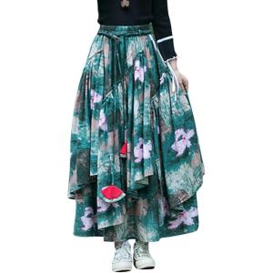 imageIDEALSANXUN Womens Elastic Waist Aline Cotton Lined Retro Maxi Hem Pleated Long SkirtsPrint 120