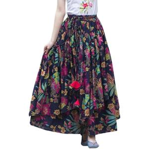 imageIDEALSANXUN Womens Elastic Waist Aline Cotton Lined Retro Maxi Hem Pleated Long SkirtsPrint 17