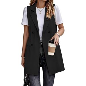 imageIDEALSANXUN Womens Long Linen Vest Dressy Sleeveless Blazer Jackets Outerwear TopsBlack