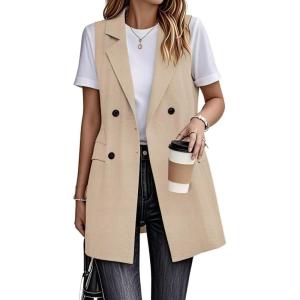 imageIDEALSANXUN Womens Long Linen Vest Dressy Sleeveless Blazer Jackets Outerwear TopsKhaki