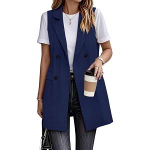 imageIDEALSANXUN Womens Long Linen Vest Dressy Sleeveless Blazer Jackets Outerwear TopsNavy