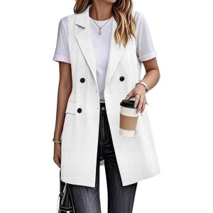 imageIDEALSANXUN Womens Long Linen Vest Dressy Sleeveless Blazer Jackets Outerwear TopsWhite