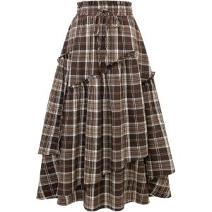 imageIDEALSANXUN Womens Long Plaid Skirts High Waisted A Line Renaissance Maxi Skirt with PocketsBrown