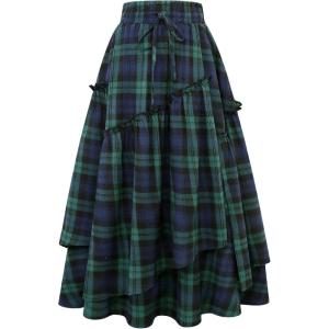 imageIDEALSANXUN Womens Long Plaid Skirts High Waisted A Line Renaissance Maxi Skirt with PocketsGreen