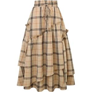 imageIDEALSANXUN Womens Long Plaid Skirts High Waisted A Line Renaissance Maxi Skirt with PocketsKhaki