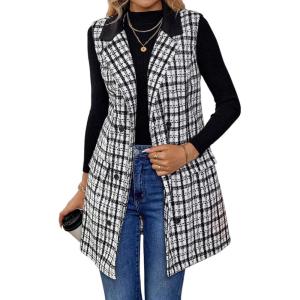 imageIDEALSANXUN Womens Long Tweed Vest Fall Winter Sleeveless Blazer Jackets Trench CoatBlack