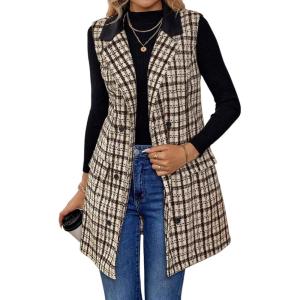 imageIDEALSANXUN Womens Long Tweed Vest Fall Winter Sleeveless Blazer Jackets Trench CoatBrown