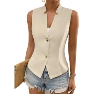 imageIDEALSANXUN Womens Suit Vest Spring Summer V Neck Sleeveless Blazer Jackets Waistcoat Cardigan Vest topsBeige
