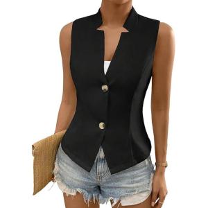 imageIDEALSANXUN Womens Suit Vest Spring Summer V Neck Sleeveless Blazer Jackets Waistcoat Cardigan Vest topsBlack