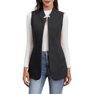 imageIDEALSANXUN Wool Long Vest for Women Sleeveless Blazer Fall Winter Jackets Trendy Open Front Cardigan Trench Coat OuterwearBlack