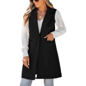 imageIDEALSANXUN Wool Long Vest for Women Sleeveless Blazer Jacket Fall Winter Trench Coat WaistcoatBlack