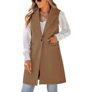 imageIDEALSANXUN Wool Long Vest for Women Sleeveless Blazer Jacket Fall Winter Trench Coat WaistcoatBrown