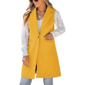 imageIDEALSANXUN Wool Long Vest for Women Sleeveless Blazer Jacket Fall Winter Trench Coat WaistcoatYellow