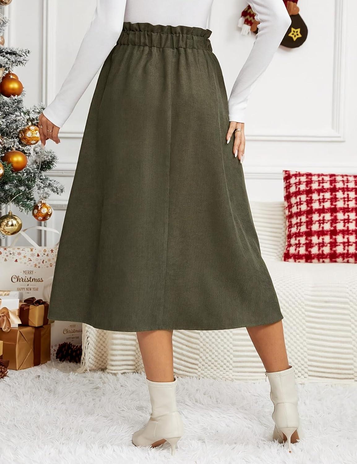 imageIDEALSANXUN Womens Corduroy Skirts Fall Winter High Waisted A Line Pleated Midi SkirtArmy