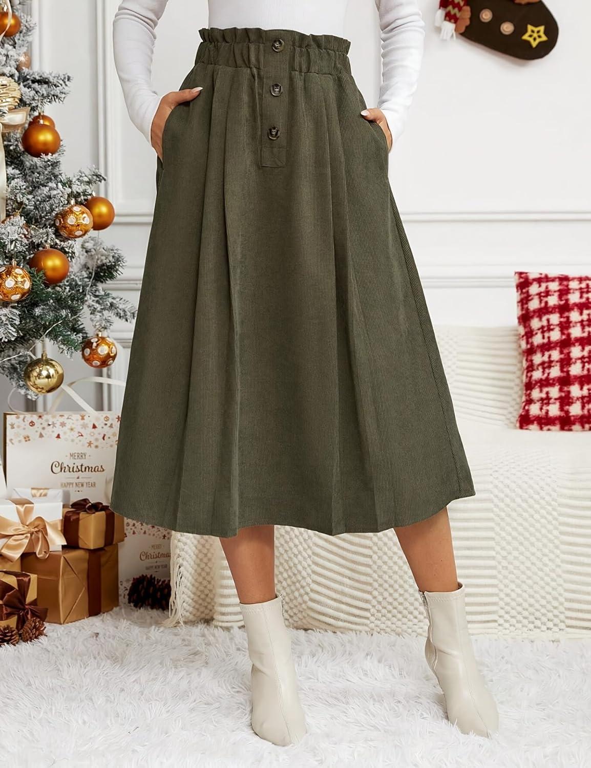 imageIDEALSANXUN Womens Corduroy Skirts Fall Winter High Waisted A Line Pleated Midi SkirtArmy